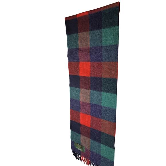 LL Bean Ireland John Hanly 11.5” X 68” Scarf 100% Lambs Wool Fringe Bright Plaid - Picture 1 of 4
